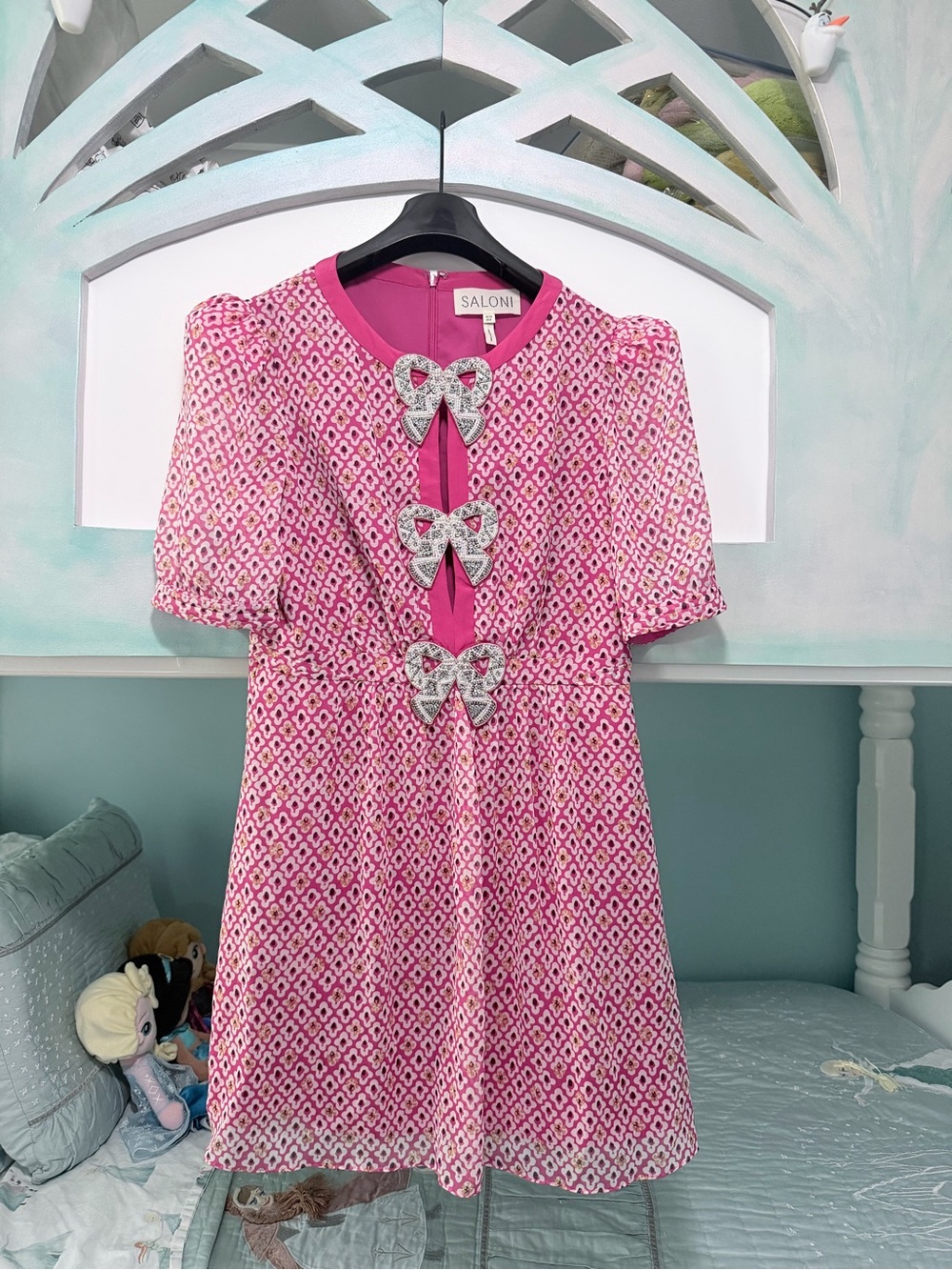 SALONI EUC size 8 Jamie Rhinestone Bow Mini Dress Pink Indianblock.